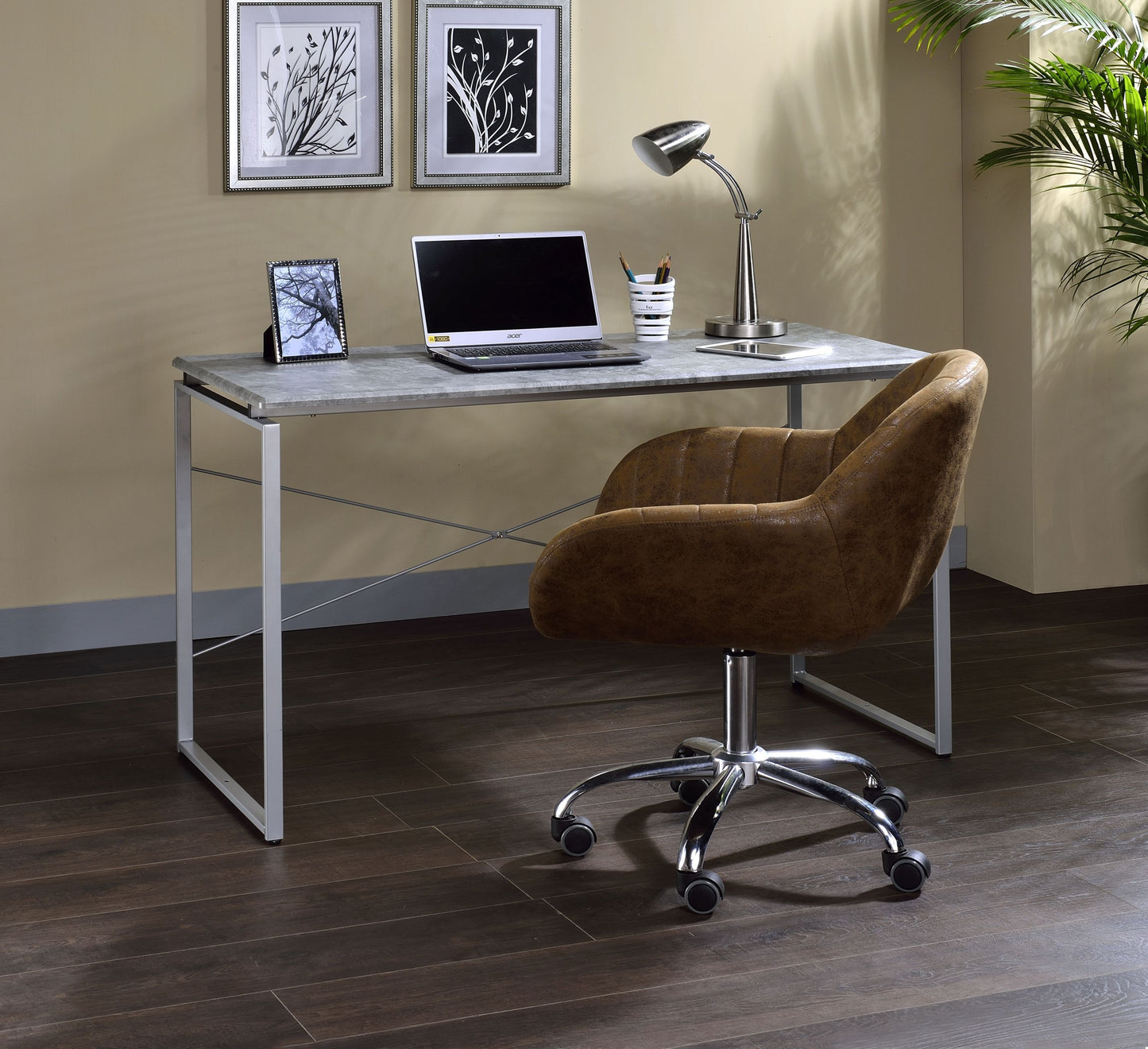 ACME Jurgen Desk, Faux Concrete & Silver