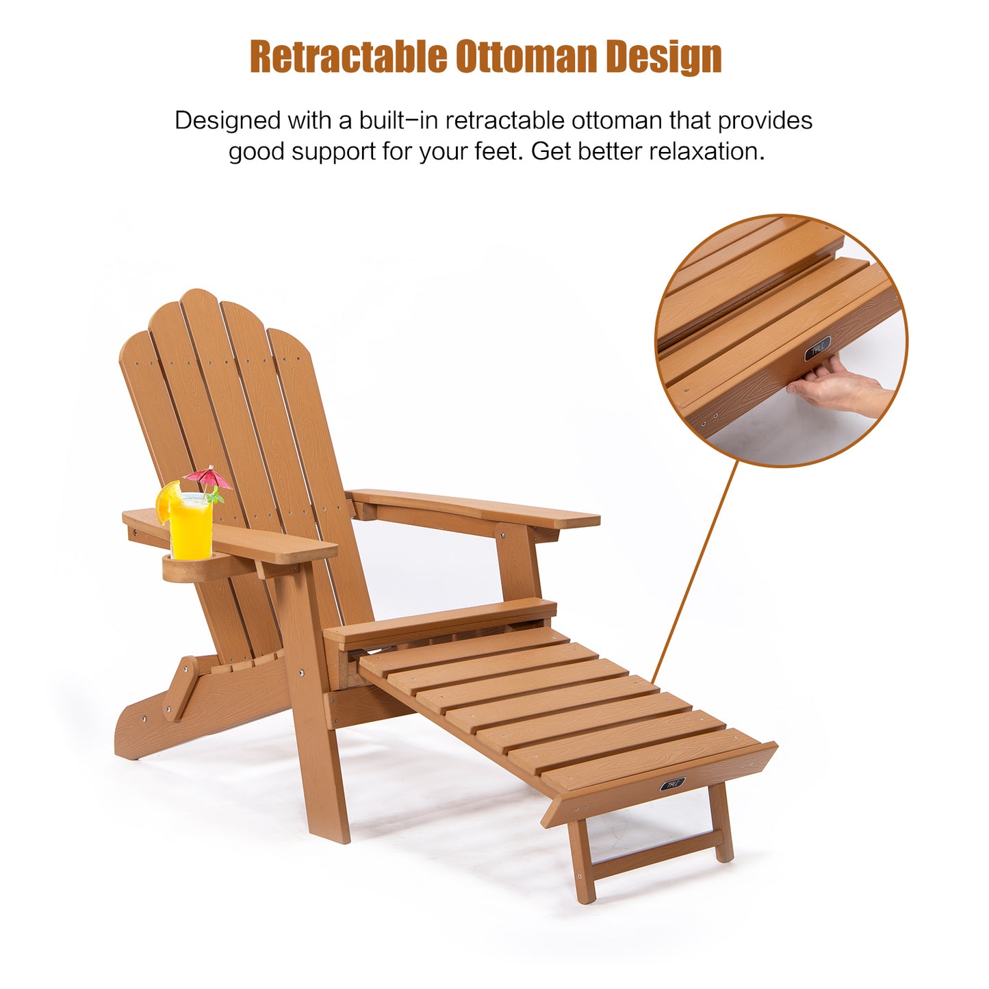 Folding Adirondack Chair with Pullout Ottoman with Cup Holder