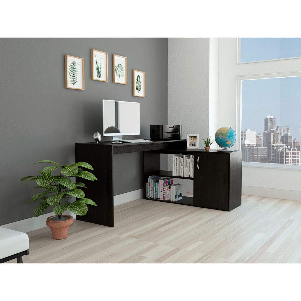 L-Shaped Computer Desk with Open & Closed Storages -Black