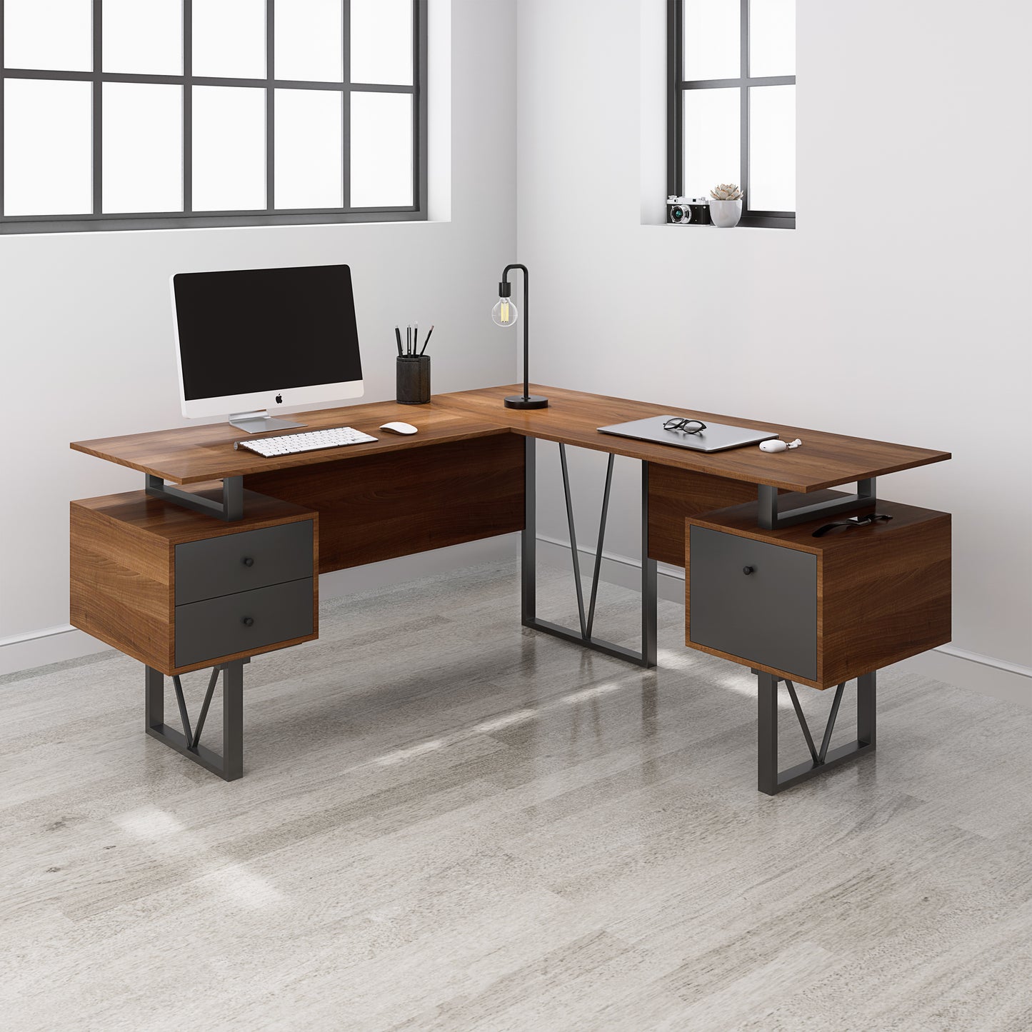 L-Shape Computer Desk, Drawers and File Cabinet, Walnut