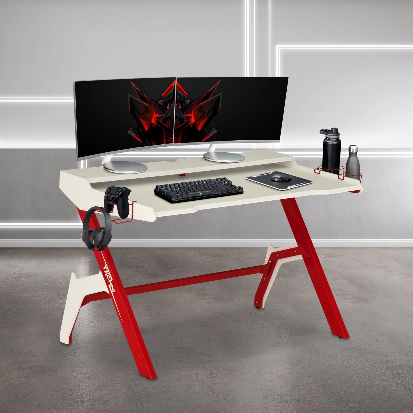 Ergonomic Computer Gaming Desk Workstation, Cupholder, Headphone Hook,