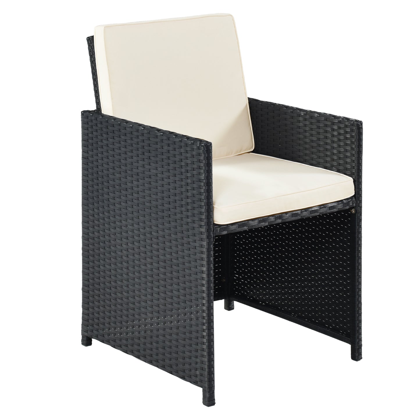 9-Piece Dining Set, Wood Tabletop, Black Rattan, Beige Cushion