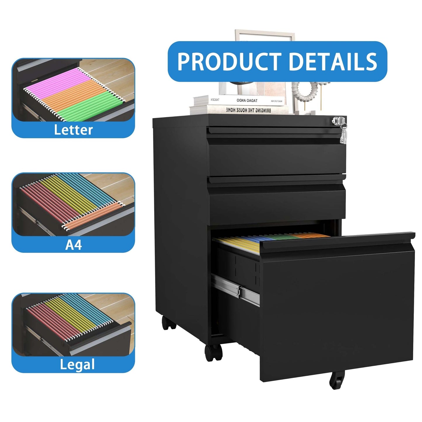 3 Drawer Mobile File Cabinet, Filing Cabinets for Home Office