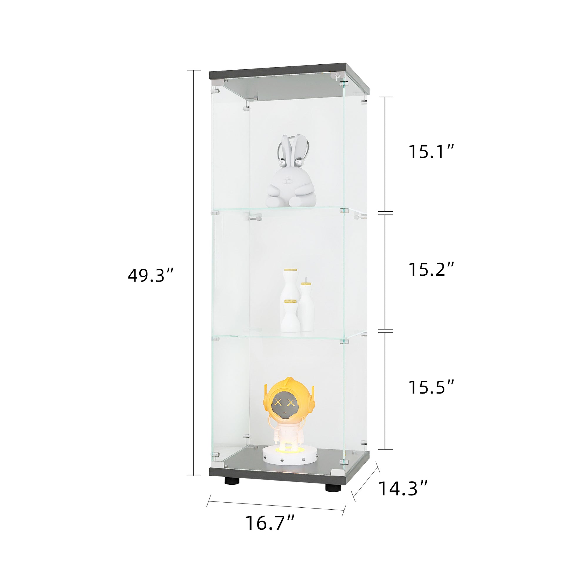 Glass Display Cabinet with 3 Shelves, Quick Installation