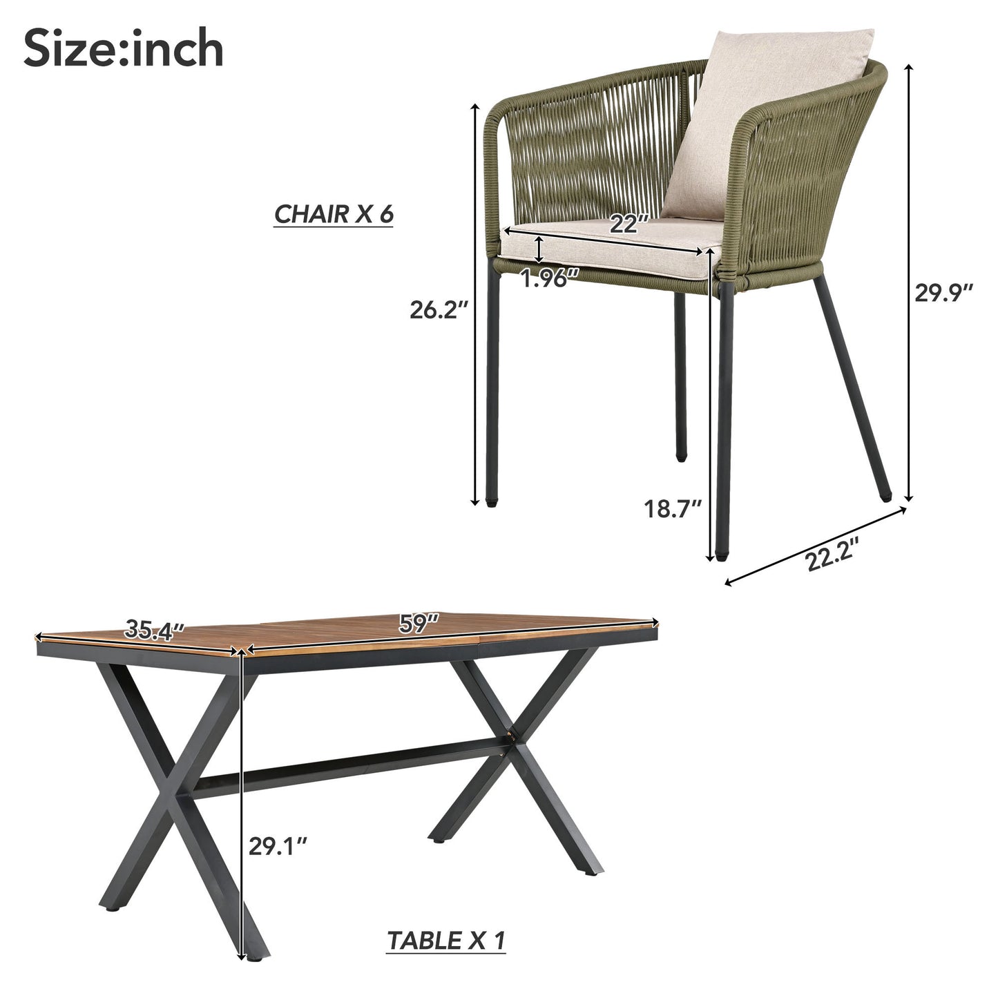 7 Pieces Patio Dining Set, All-Weather Outdoor, Dining Table, Chairs