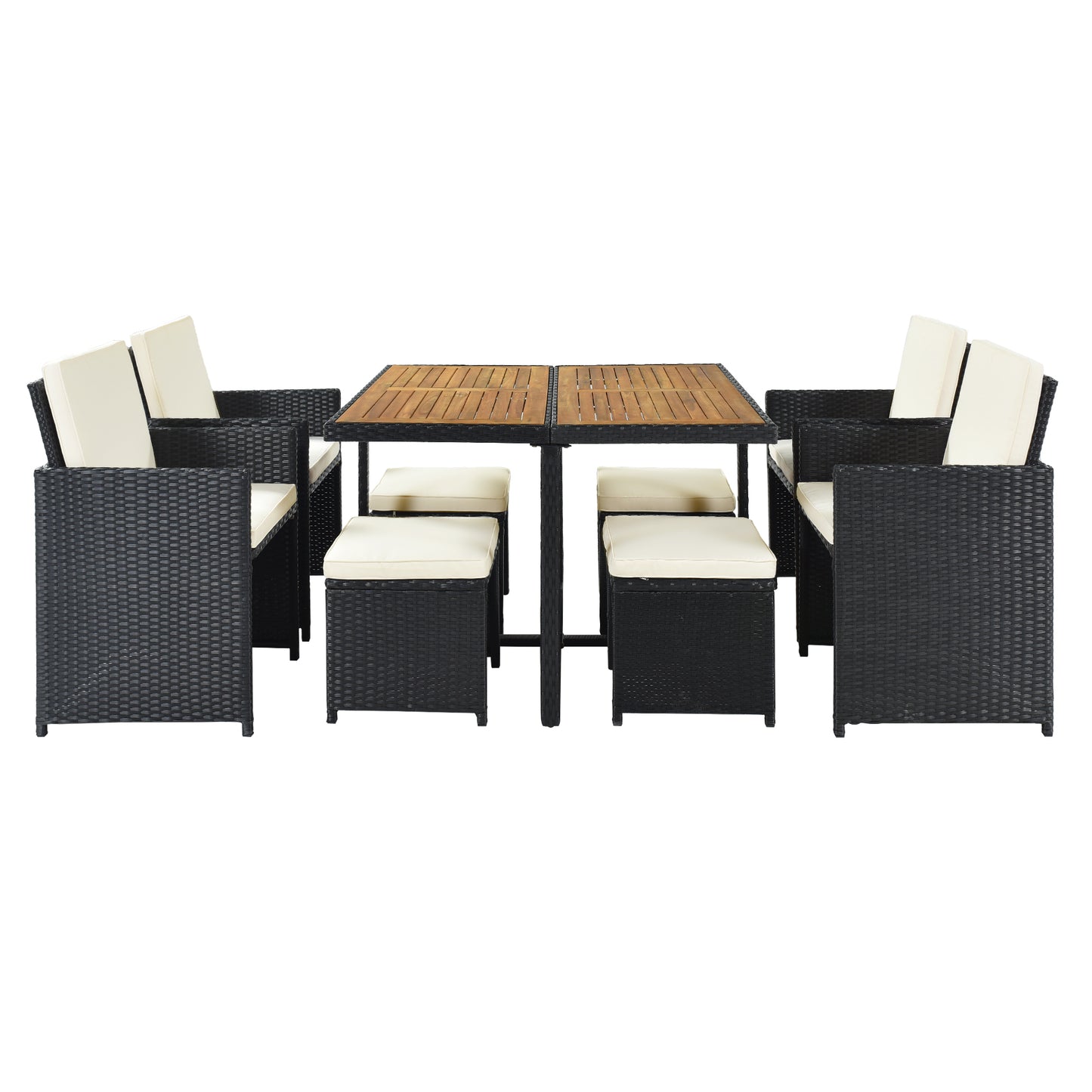 9-Piece Dining Set, Wood Tabletop, Black Rattan, Beige Cushion