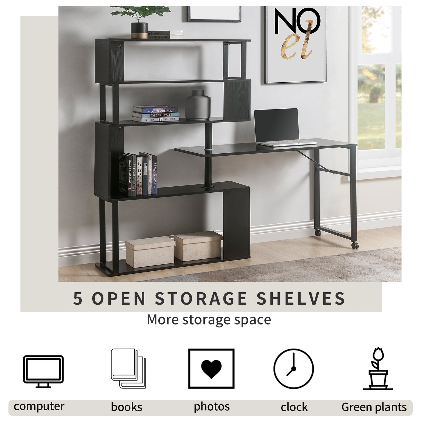 L-Shaped Corner Table, Rotating Computer Table with Bookshelf
