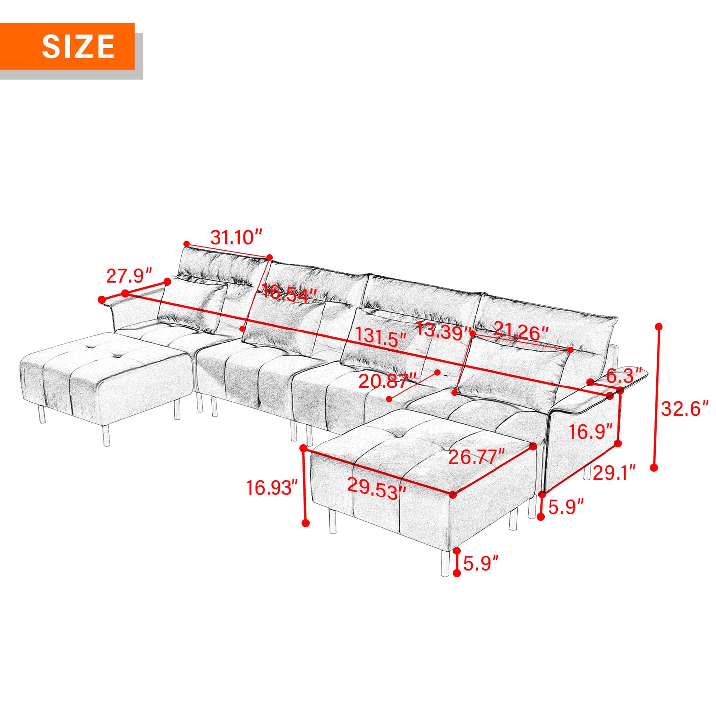 U-Shaped Sectional Sofa with 2 Removeable Ottoman