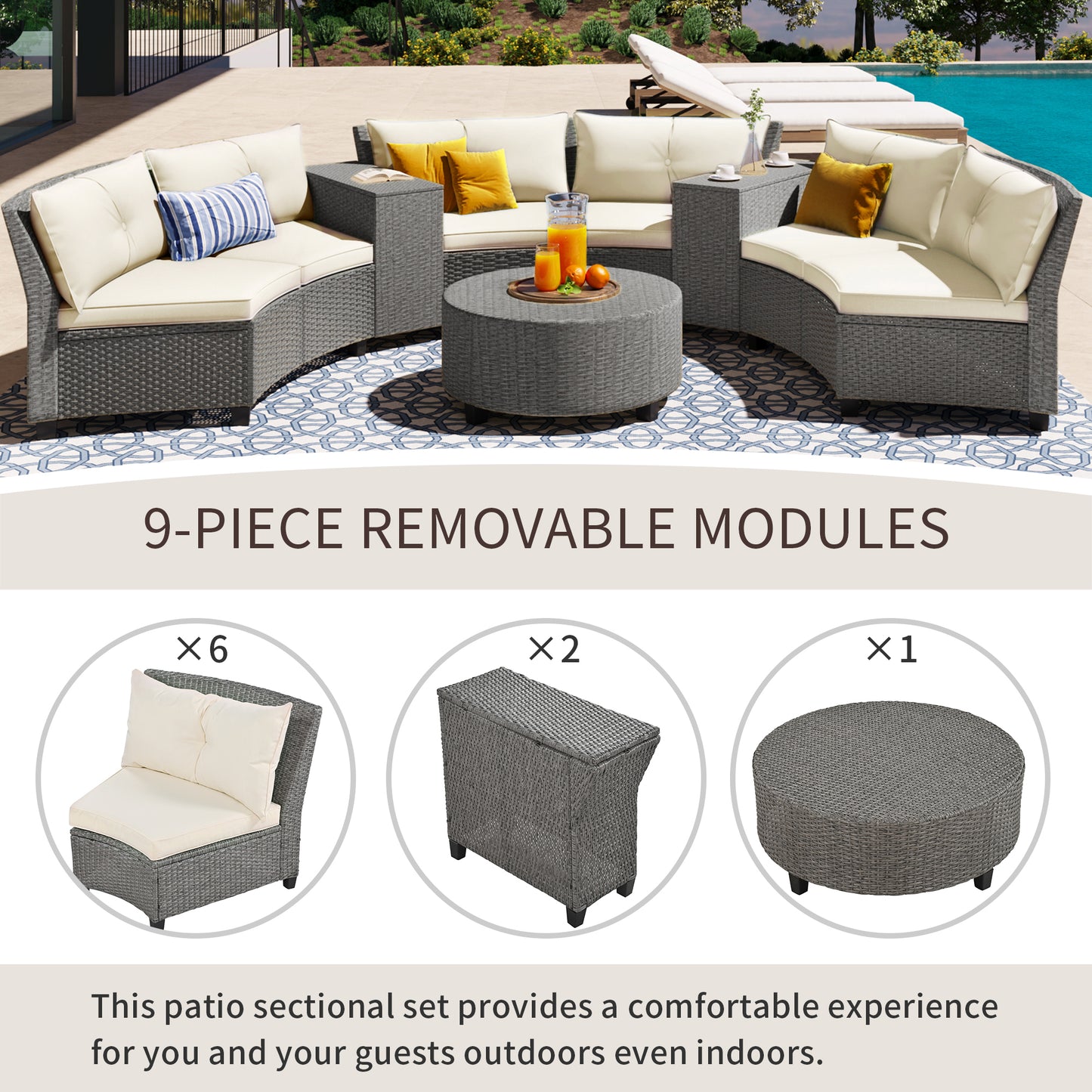 U_Style 6 - Person Fan-shaped Rattan Suit, Table,