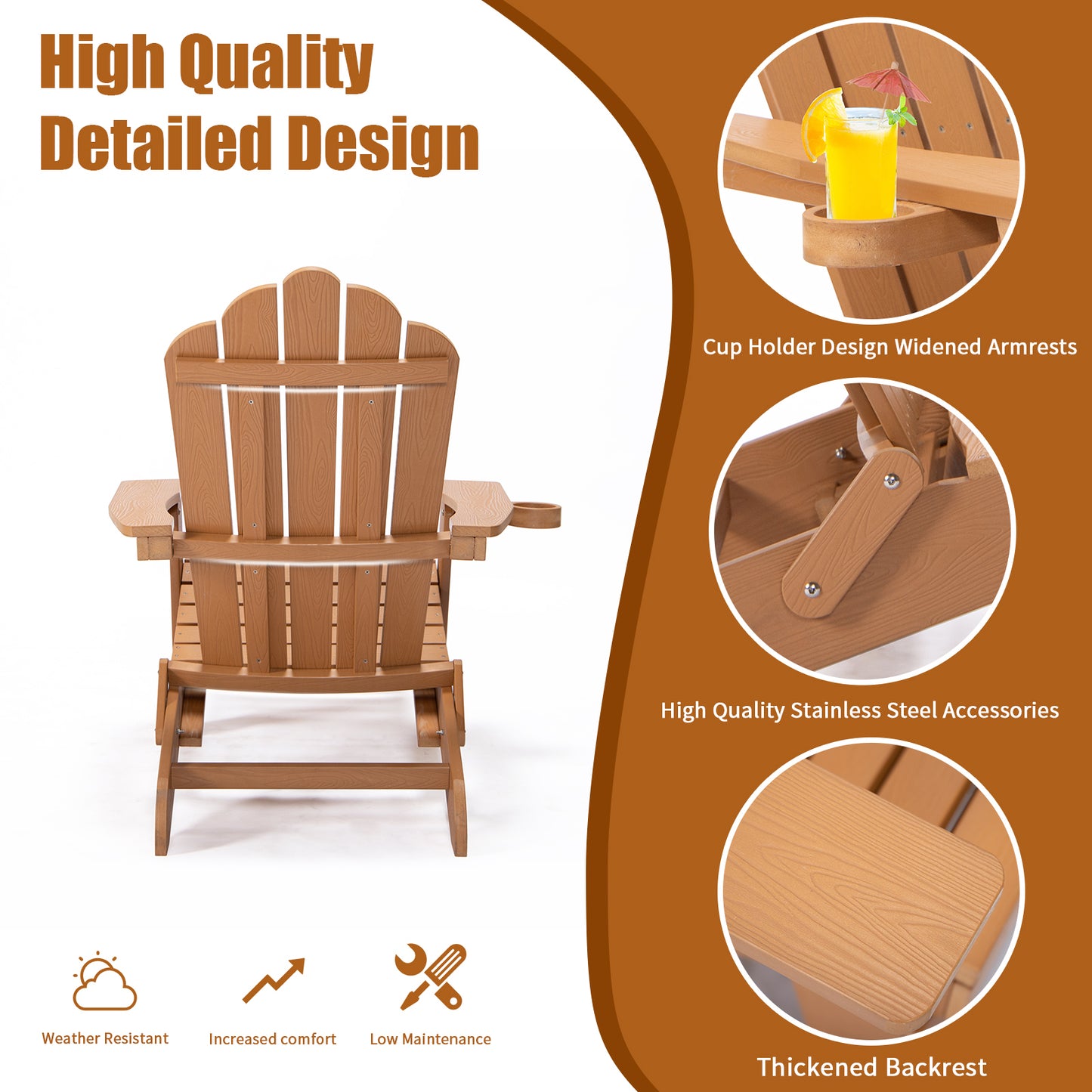 Folding Adirondack Chair with Pullout Ottoman with Cup Holder