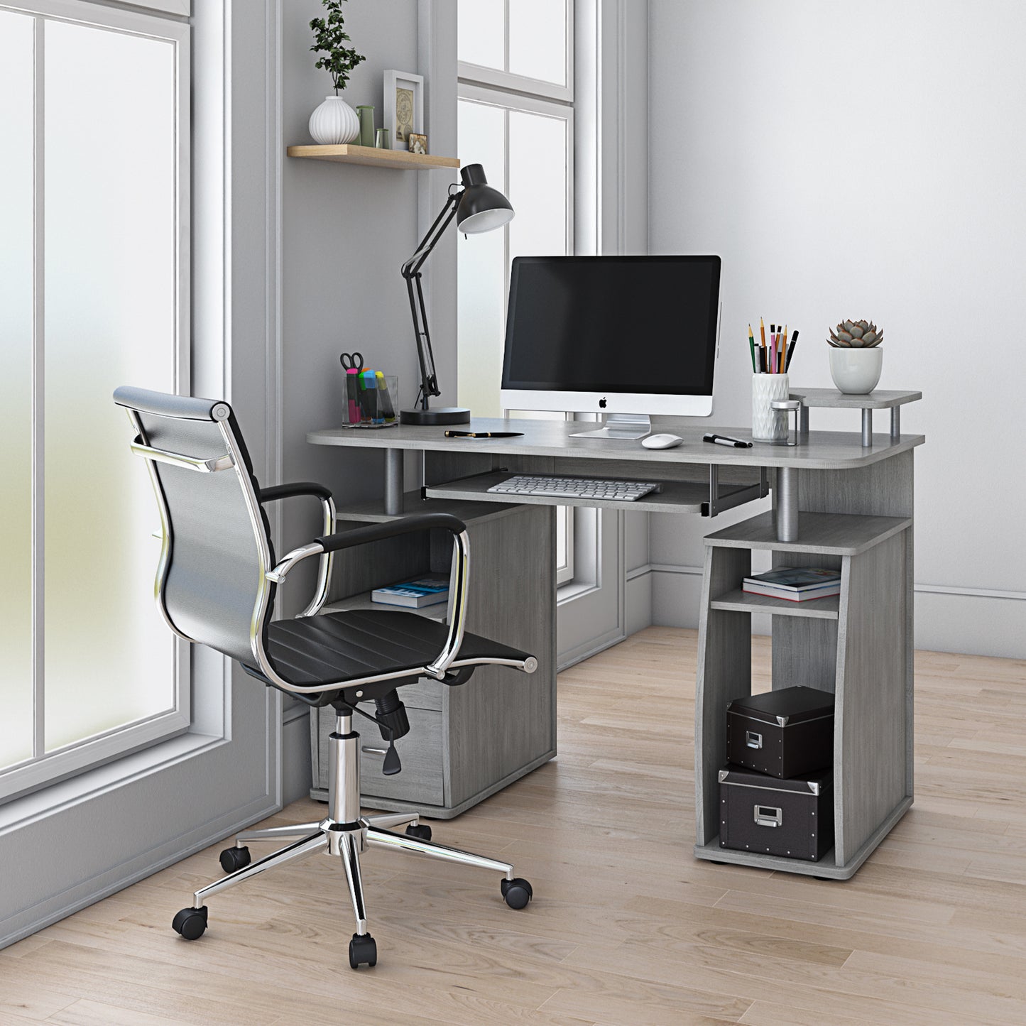 Computer Workstation Desk With Storage, Grey