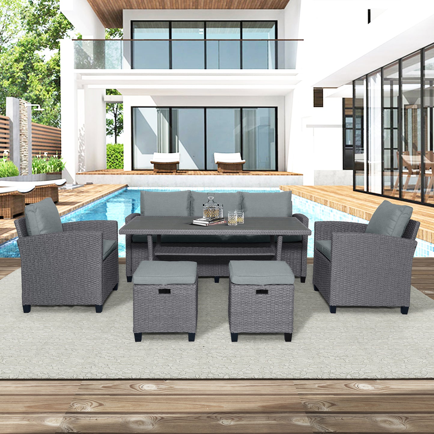 6-Piece Outdoor Wicker Set Patio Sofa, Chair, Stools, Table