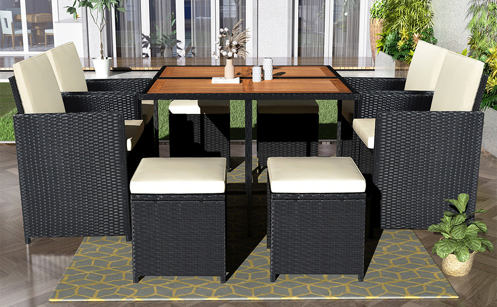 9-Piece Dining Set, Wood Tabletop, Black Rattan, Beige Cushion