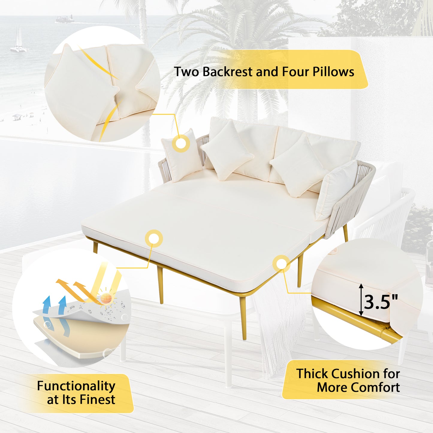 Outdoor Patio Daybed, Backrest with Washable Cushions