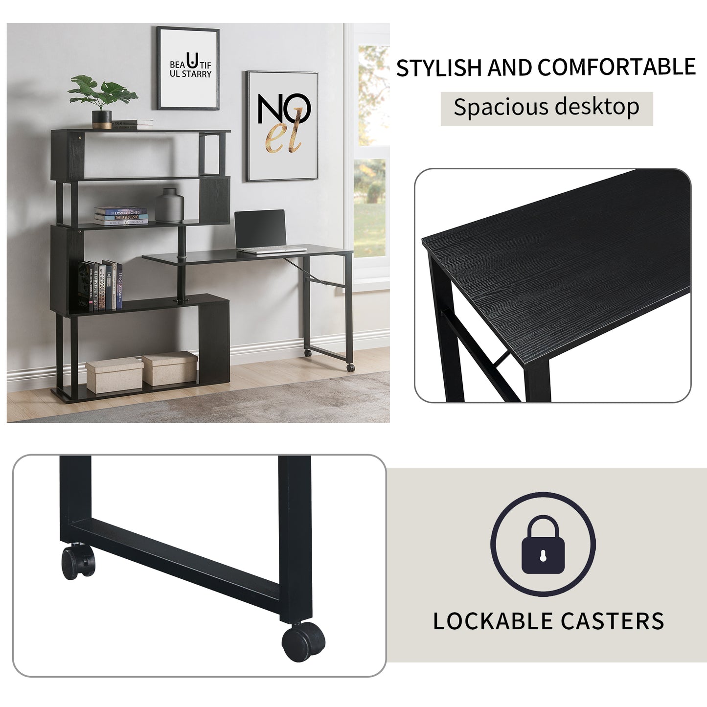 L-Shaped Corner Table, Rotating Computer Table with Bookshelf