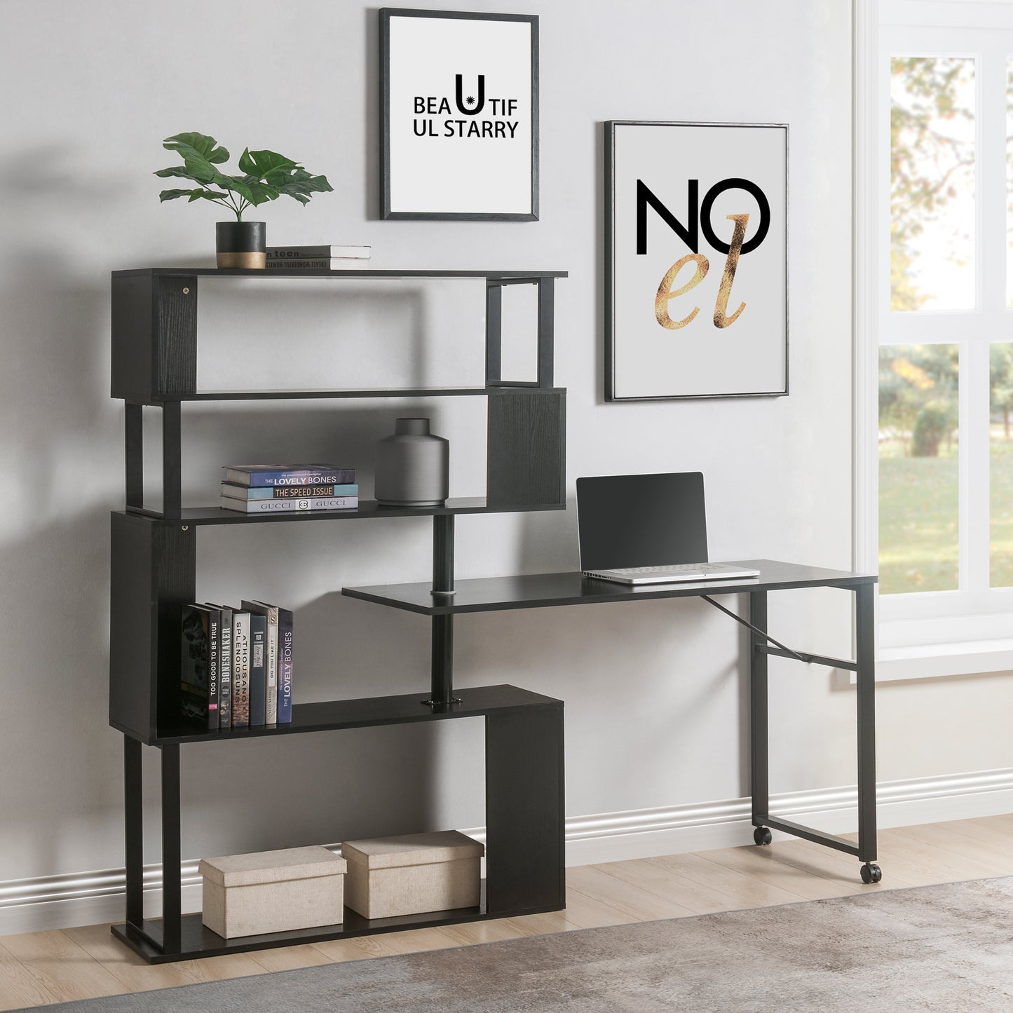 L-Shaped Corner Table, Rotating Computer Table with Bookshelf