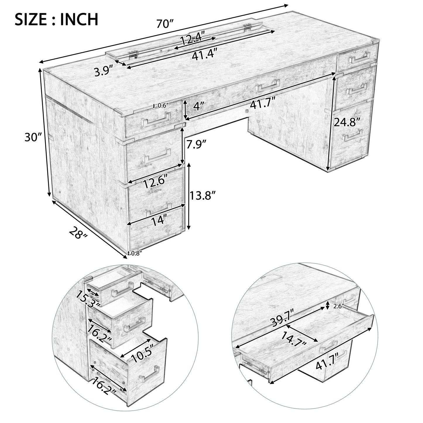 Executive Desk Metal Edge with 2 file drawers, USB Ports and Outlets