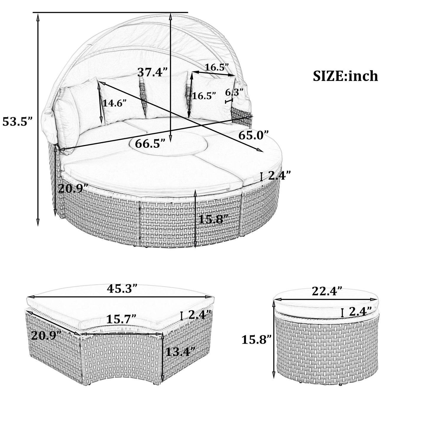 Patio Furniture Round Outdoor Sectional Sofa Set, Daybed