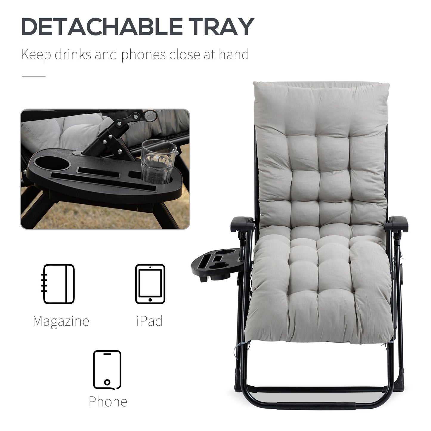 Zero Gravity Chair, Folding Reclining Lounge Chair, Padded Cushion, Side Tray