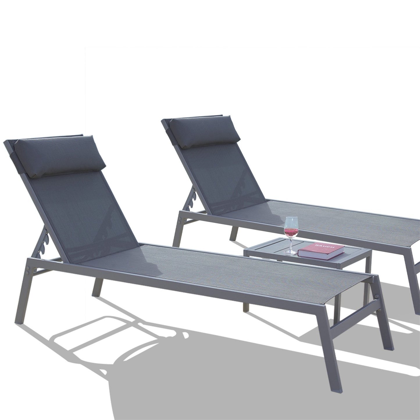 Patio Chaise Lounge Set, 3 Pieces Adjustable Backrest Pool Lounge