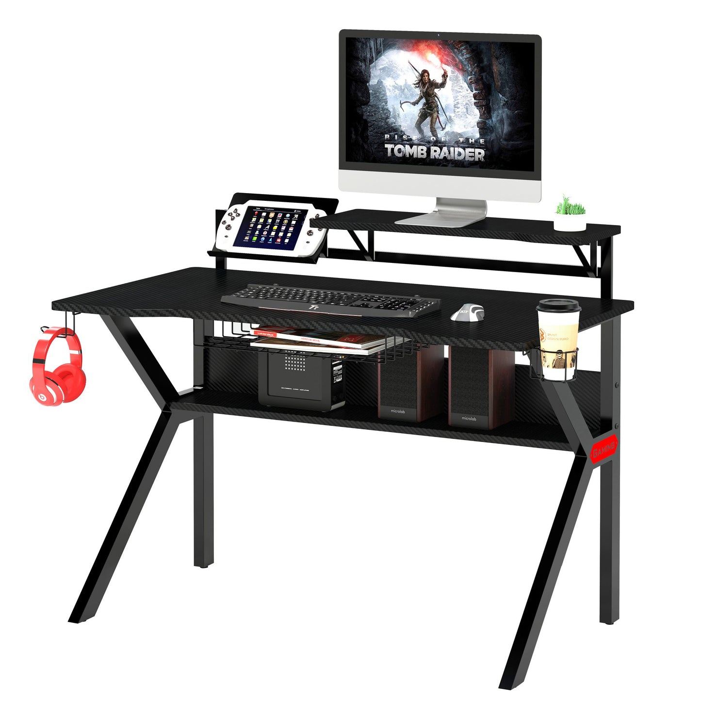 Ergonomic Metal Frame Gaming Desk with K Shape Legs, Black