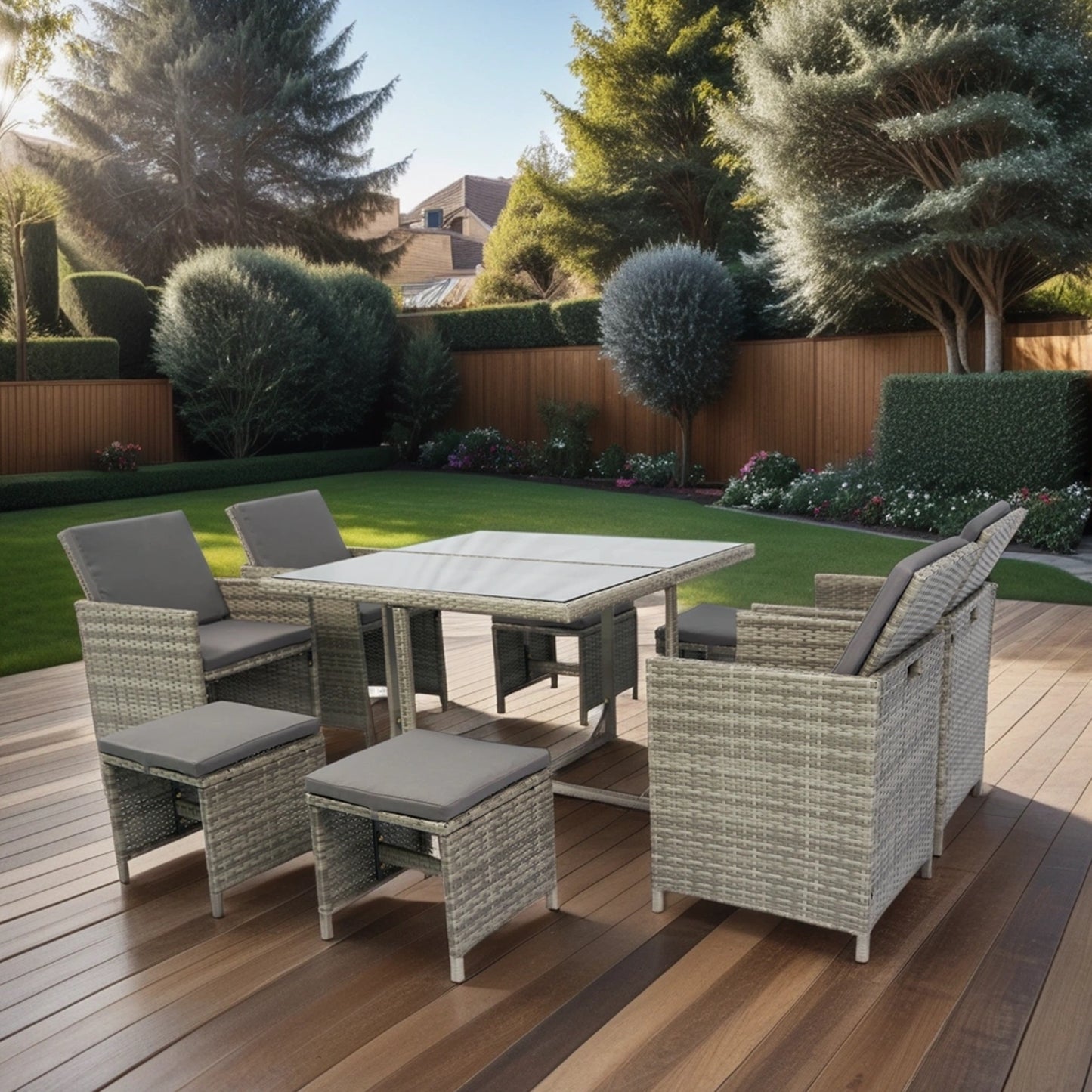 9 Pieces Patio Dining Sets Outdoor Space Saving, Glass Table