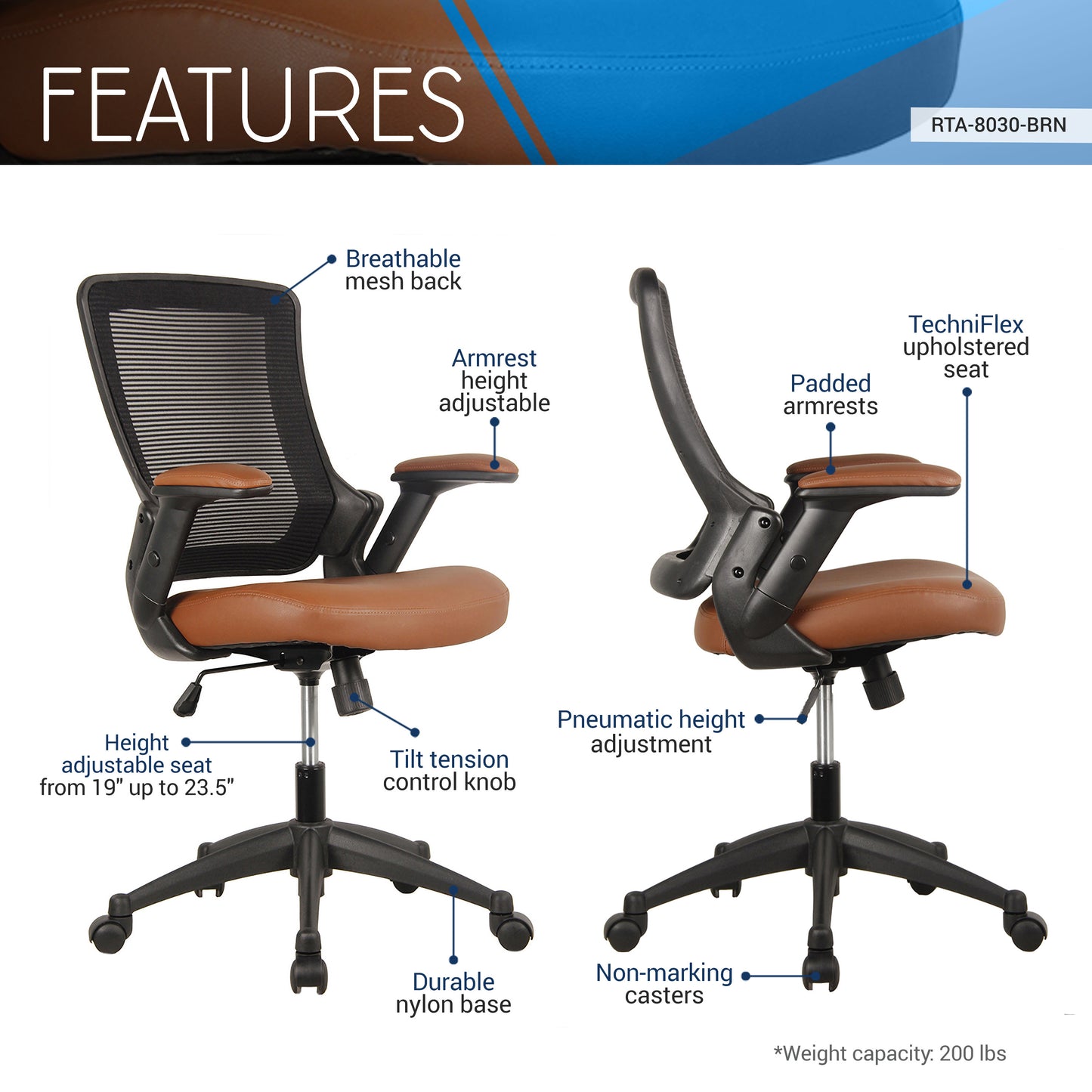 Mesh Task Office Chair with Height Adjustable Arms, Brown