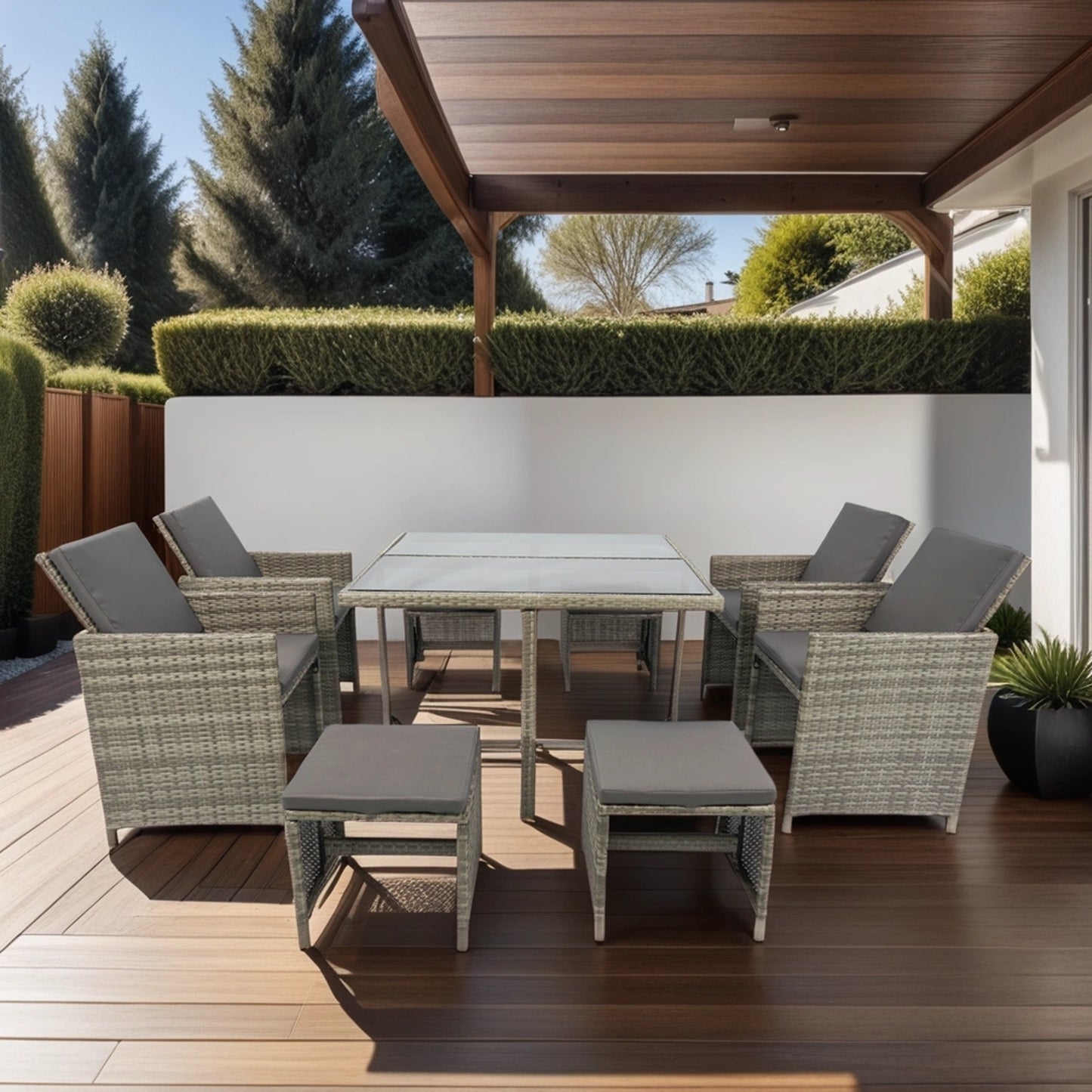 9 Pieces Patio Dining Sets Outdoor Space Saving, Glass Table