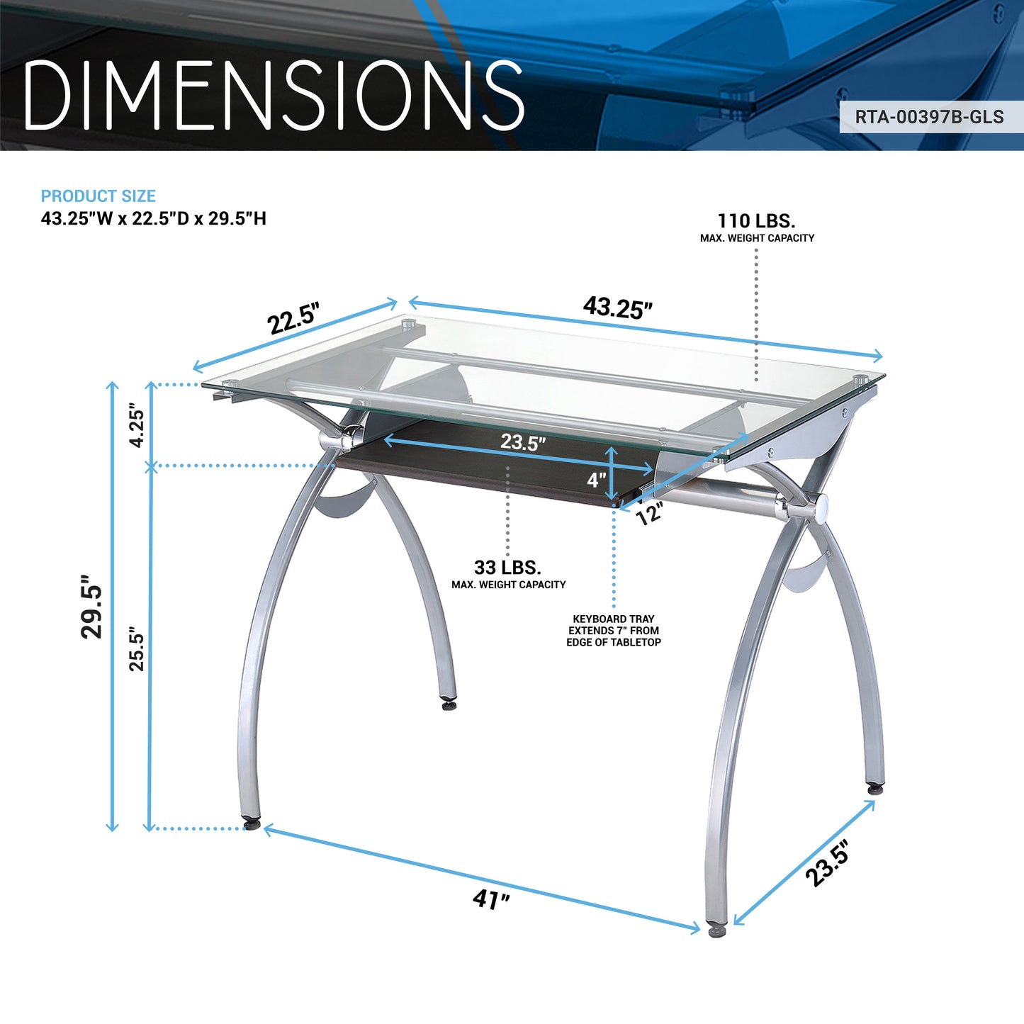 Top Computer Desk with Pull Out Keyboard Panel, Clear