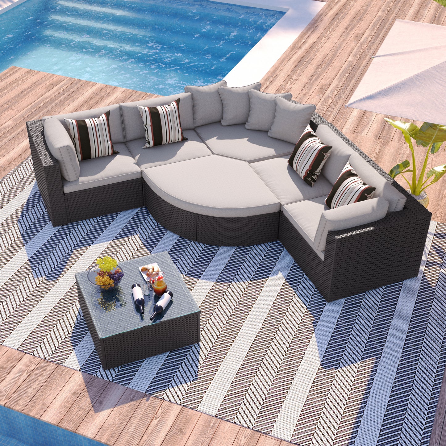 7-piece Outdoor Wicker Sofa Set, Colorful Pillows