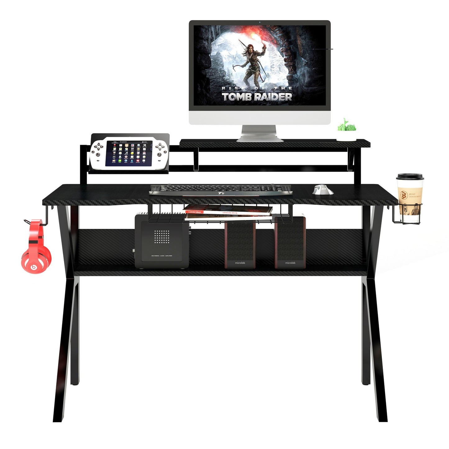 Ergonomic Metal Frame Gaming Desk with K Shape Legs, Black