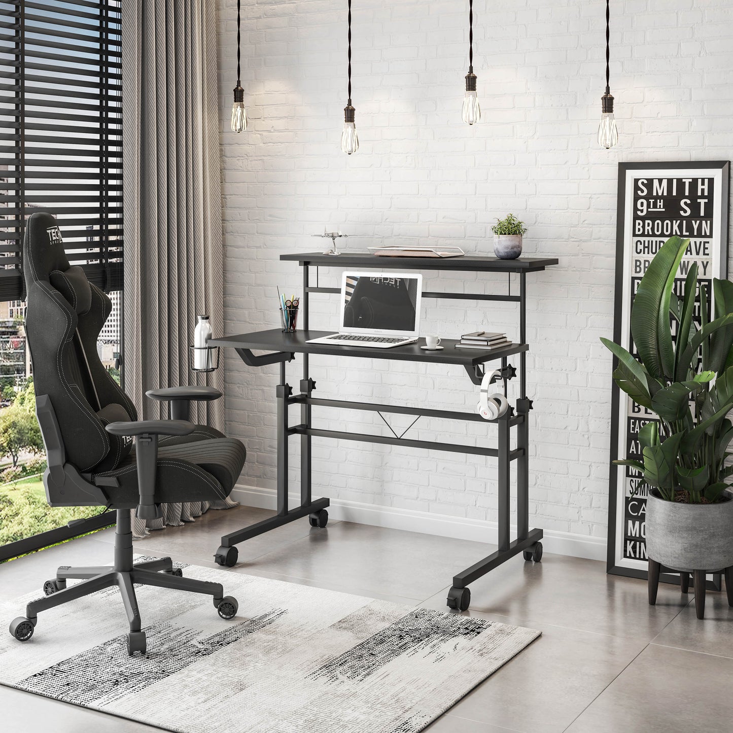 Techni Mobili Rolling Desk with Height Adjustable, Moveable Shelf