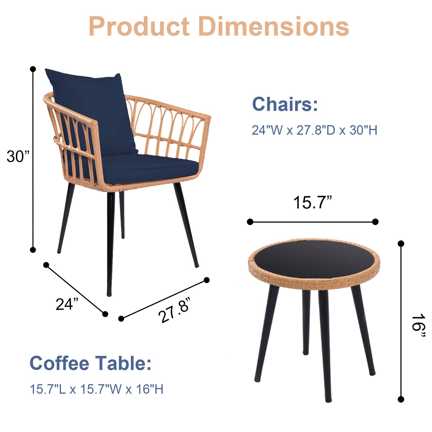 3 Piece Patio Bistro Set with Side Table, Outdoor