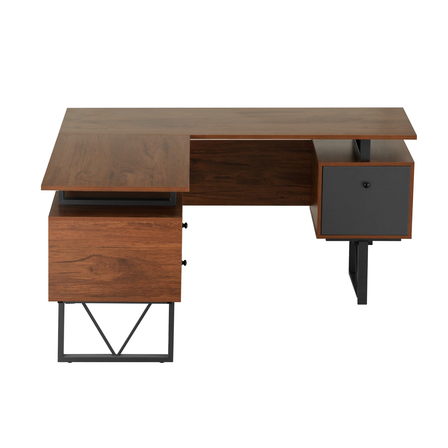 L-Shape Computer Desk, Drawers and File Cabinet, Walnut