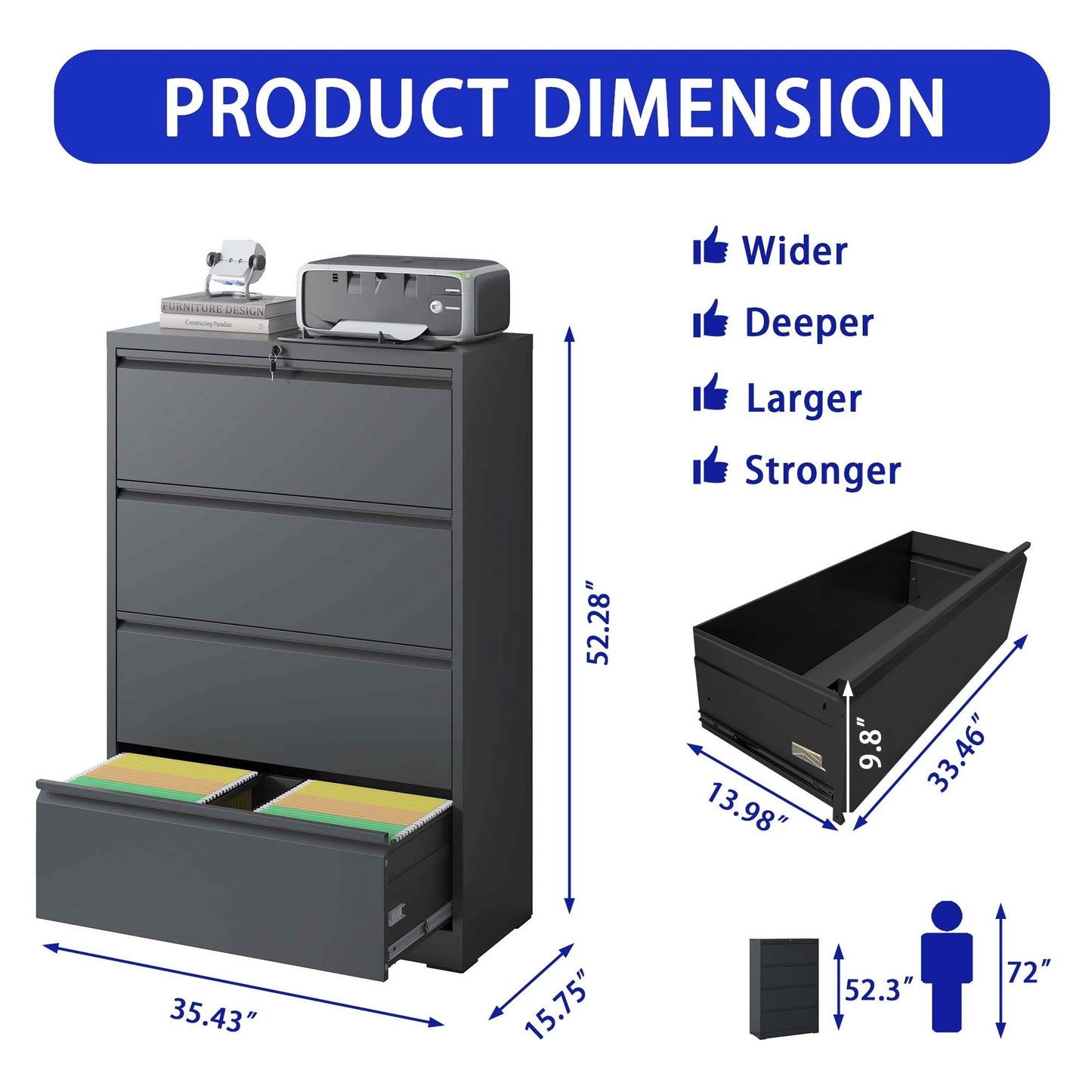 File Cabinet 4 Drawer, Black Filing Cabinet Lockable Home Office