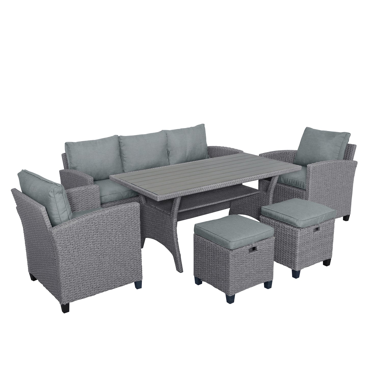 6-Piece Outdoor Wicker Set Patio Sofa, Chair, Stools, Table