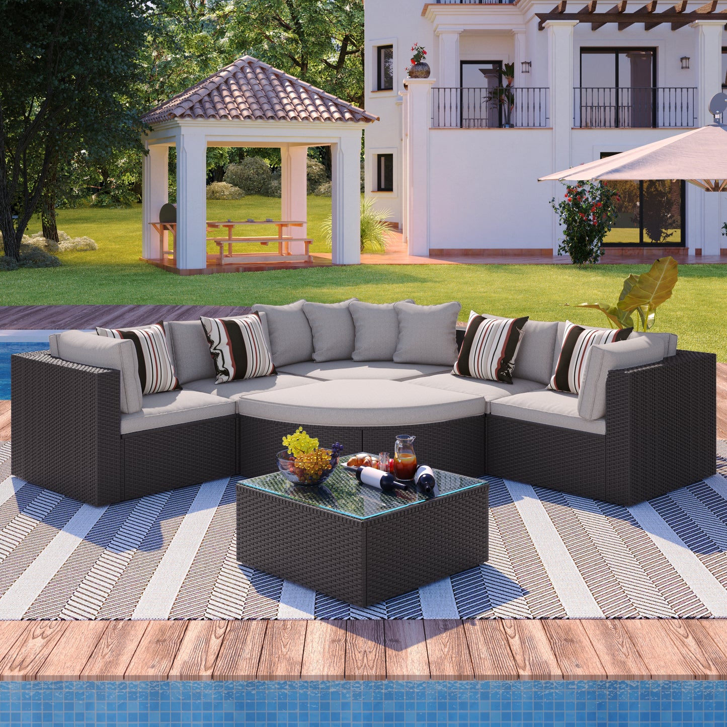 7-piece Outdoor Wicker Sofa Set, Colorful Pillows