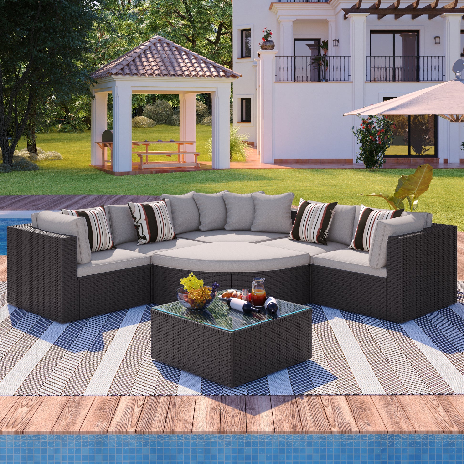 7-piece Outdoor Wicker Sofa Set, Colorful Pillows