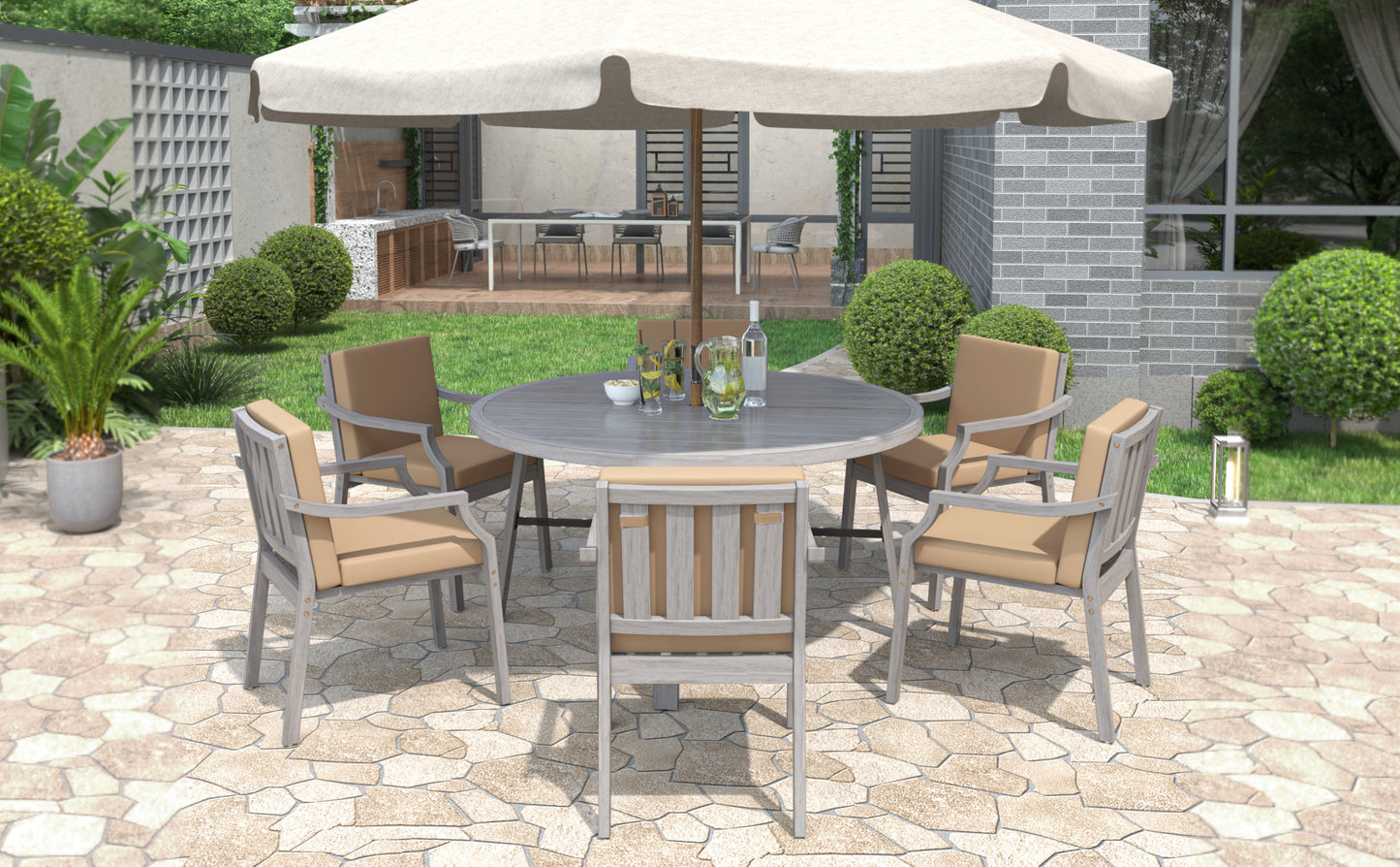 Outdoor Dinning Set 6-Person Outdoor, Umbrella Removable Cushions