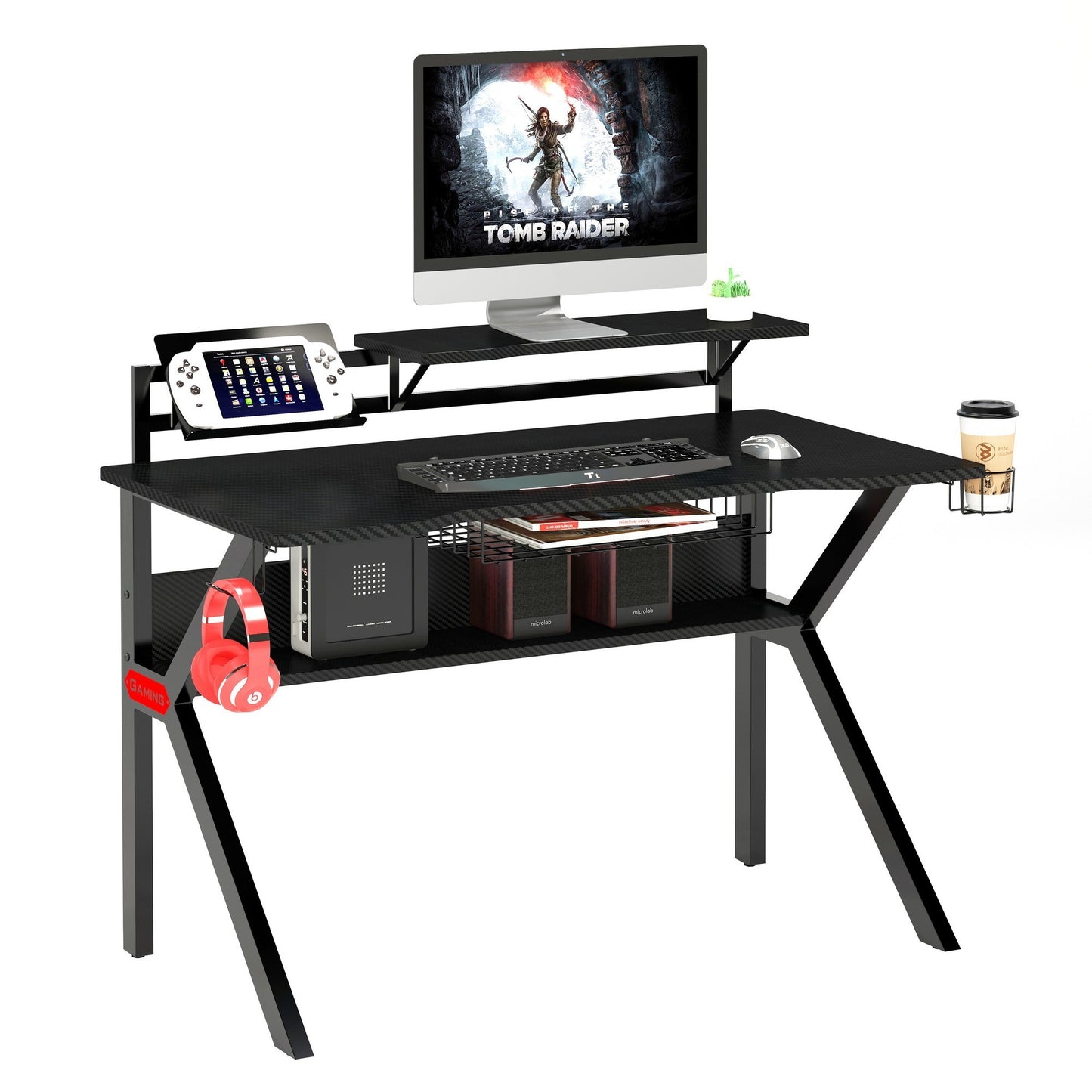 Ergonomic Metal Frame Gaming Desk with K Shape Legs, Black