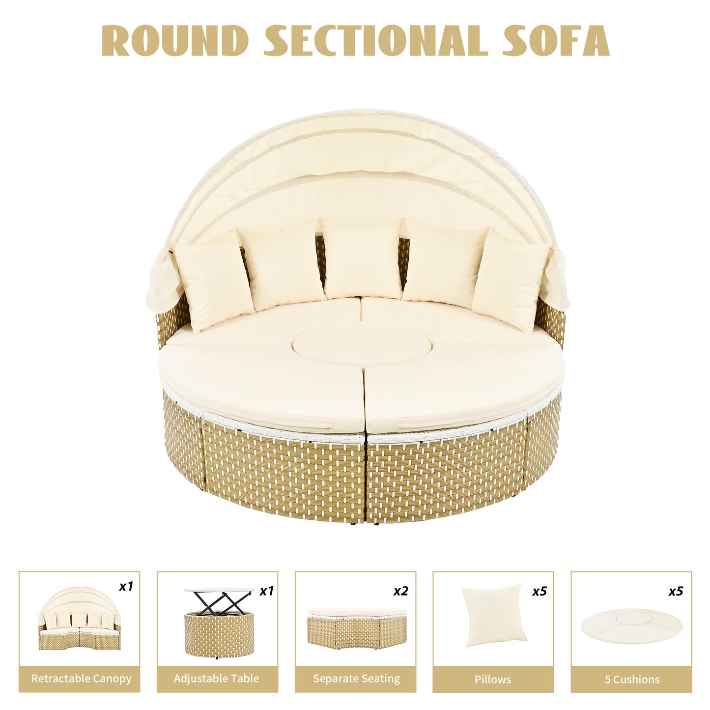 Patio Furniture Round Outdoor Sectional Sofa Set, Daybed