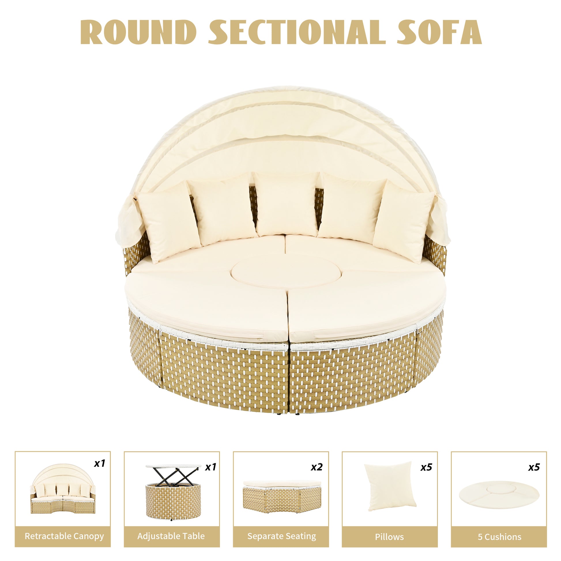 Patio Furniture Round Outdoor Sectional Sofa Set, Daybed