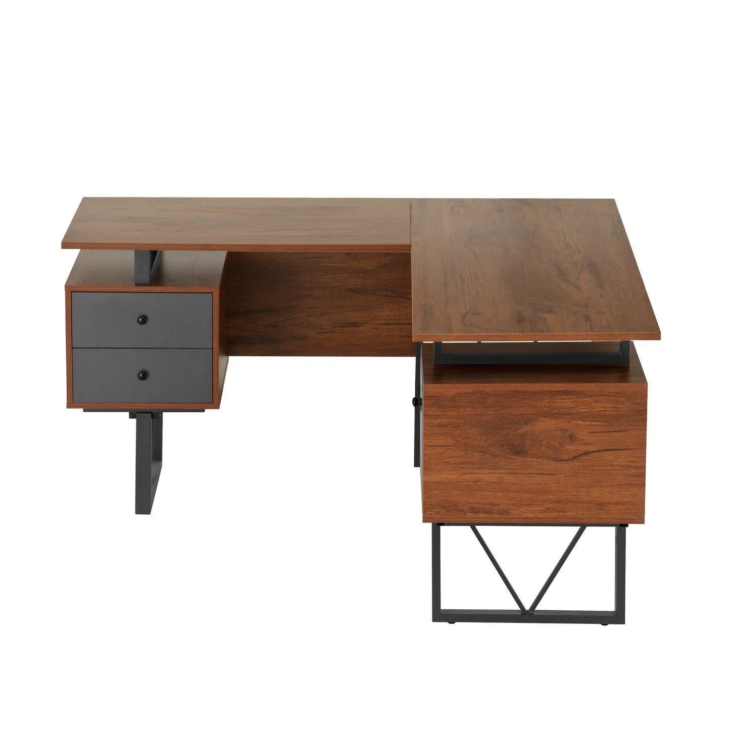 L-Shape Computer Desk, Drawers and File Cabinet, Walnut