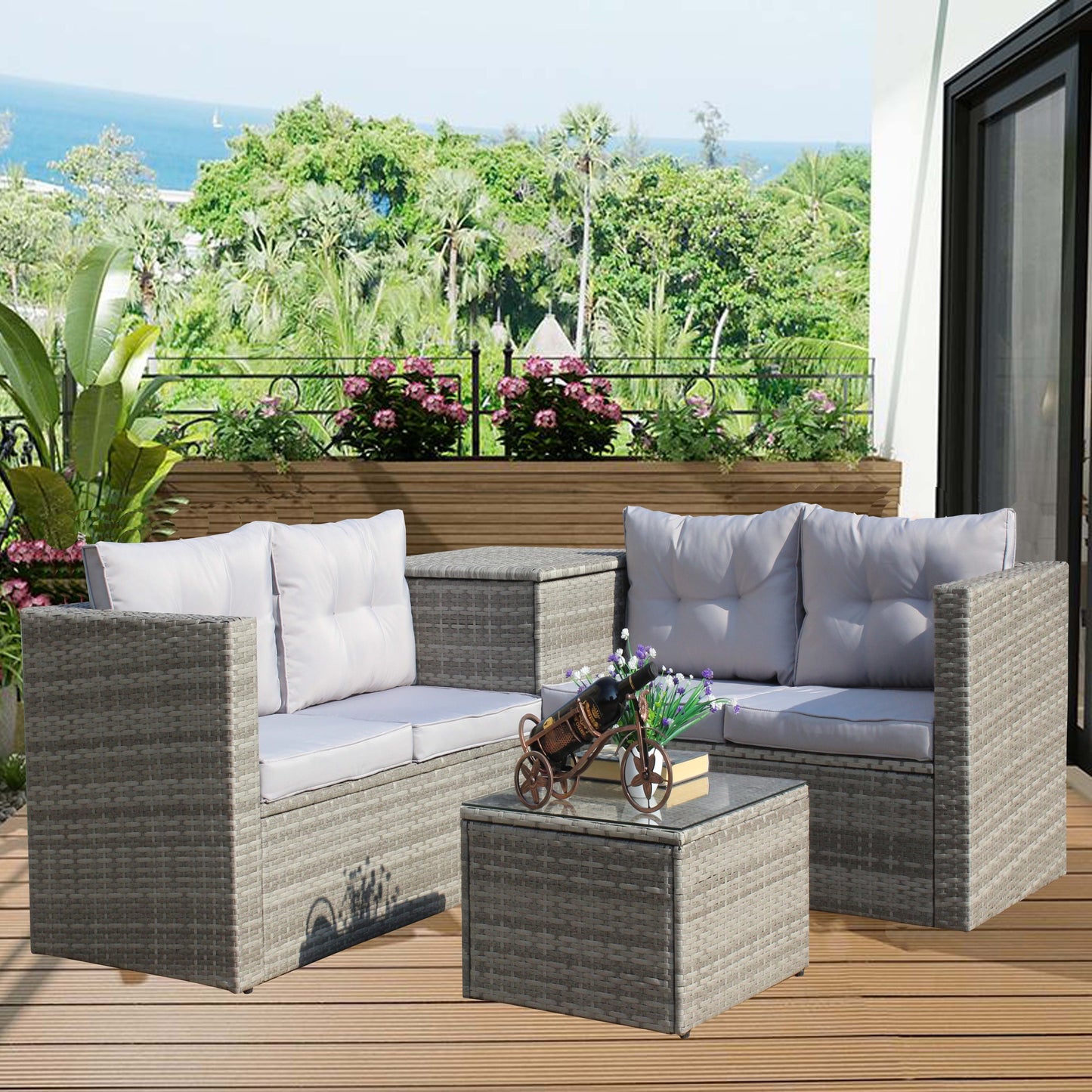 4 Piece Patio Sectional Outdoor Furniture Sofa Set, Storage