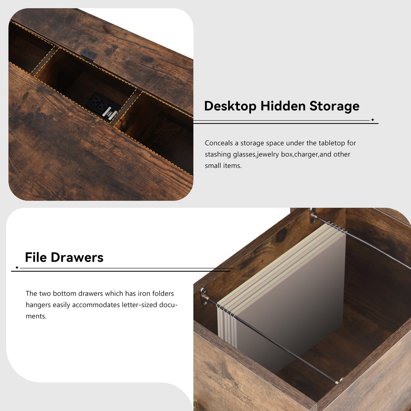 Executive Desk Metal Edge with 2 file drawers, USB Ports and Outlets