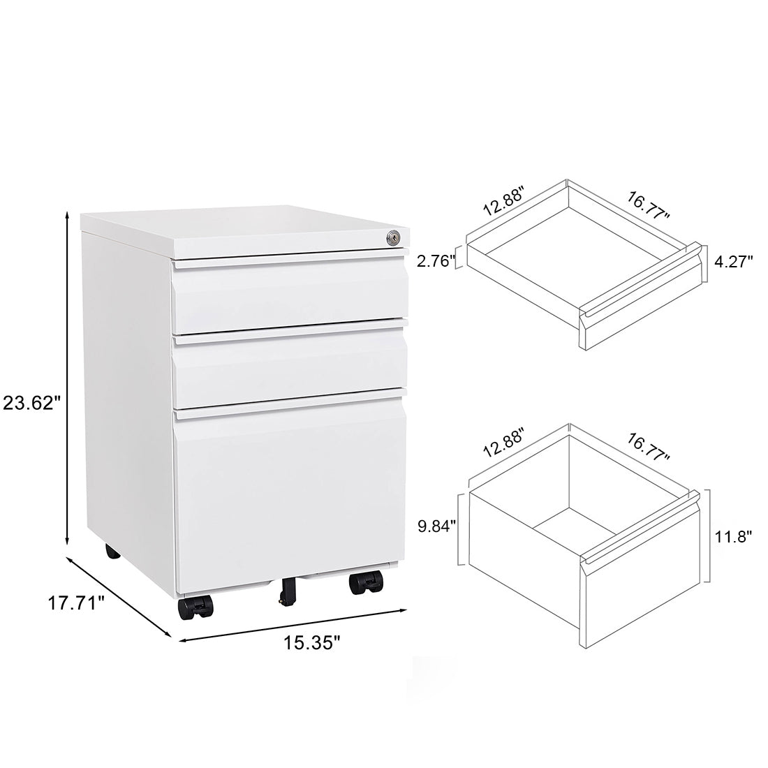 3-Drawer Mobile File Cabinet with Lock, Office Storage