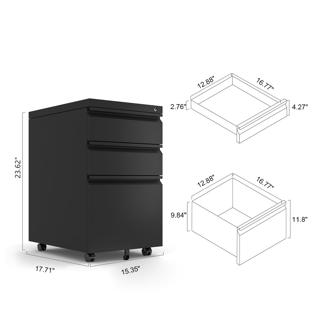 3-Drawer Mobile File Cabinet with Lock, Office Storage