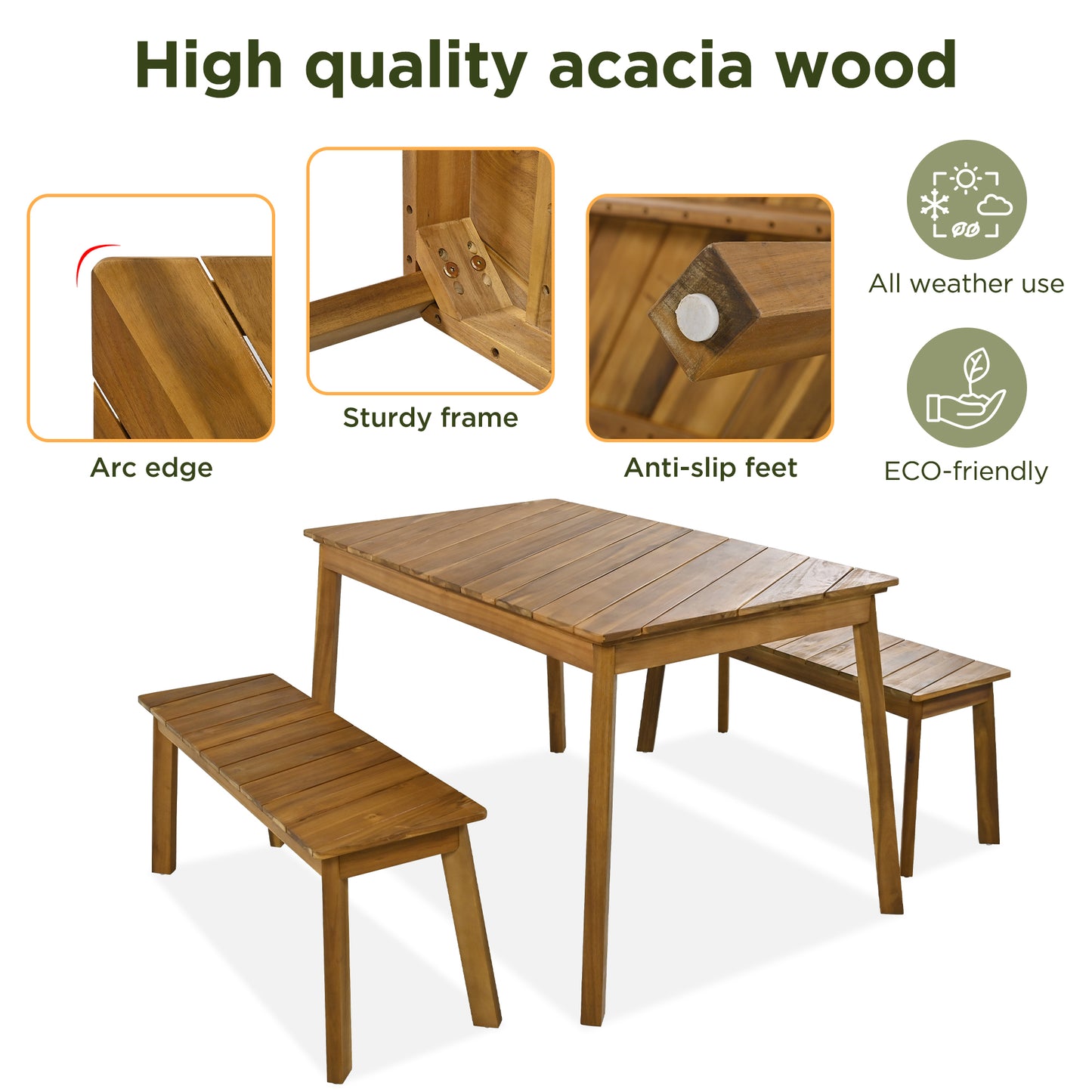 3 Pieces Acacia Wood Dining Set For Outdoor & Indoor Furniture