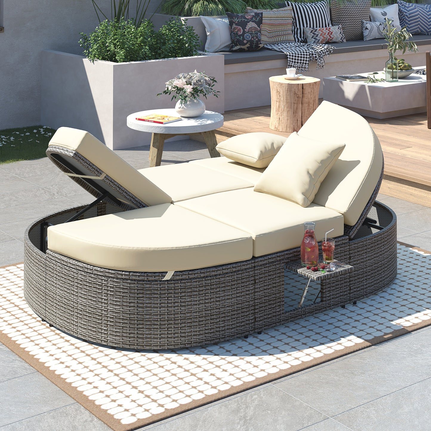 Outdoor Sun Bed Patio 2-Person Daybed, Cushions, Pillows