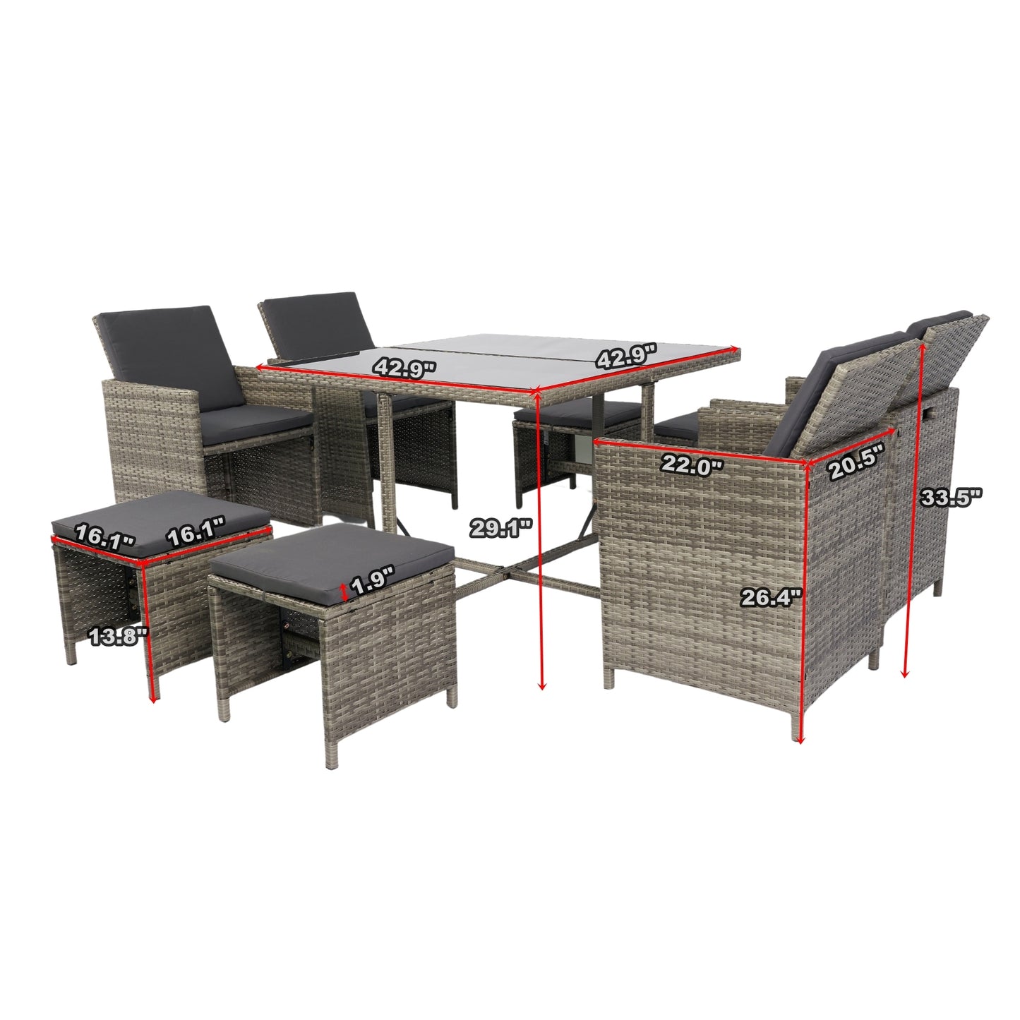 9 Pieces Patio Dining Sets Outdoor Space Saving, Glass Table